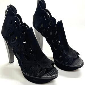 House of Harlow Bernadette Black Suede Open Toe Platform Pumps Size 38.5